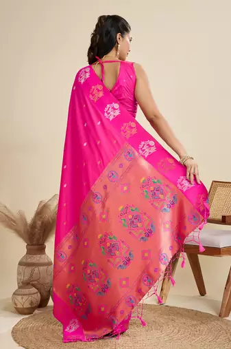 Pink color silver & gold zari woven kanjivaram silk blend saree with blouse