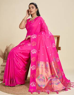 Pink silver & gold zari woven kanjivaram silk blend saree with blouse 3