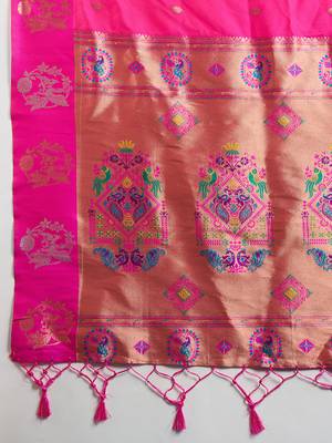 Pink silver & gold zari woven kanjivaram silk blend saree with blouse 5