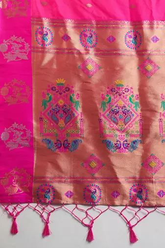 Pink color silver & gold zari woven kanjivaram silk blend saree with blouse