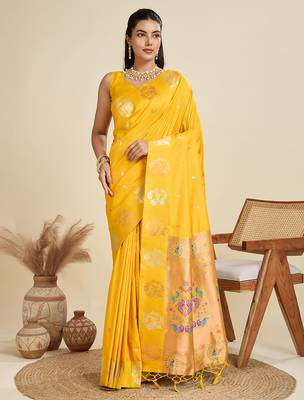 Yellow color silver & gold zari woven kanjivaram silk blend saree with blouse 1