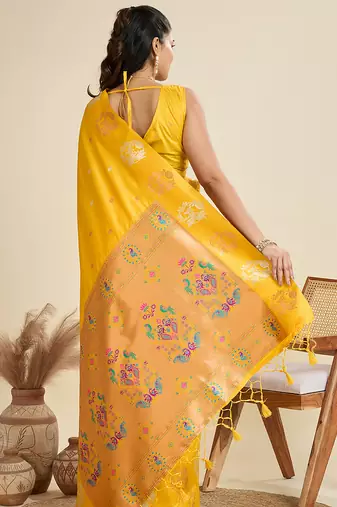 Yellow color silver & gold zari woven kanjivaram silk blend saree with blouse