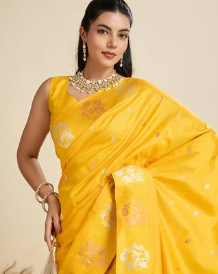 Yellow color silver & gold zari woven kanjivaram silk blend saree with blouse 3