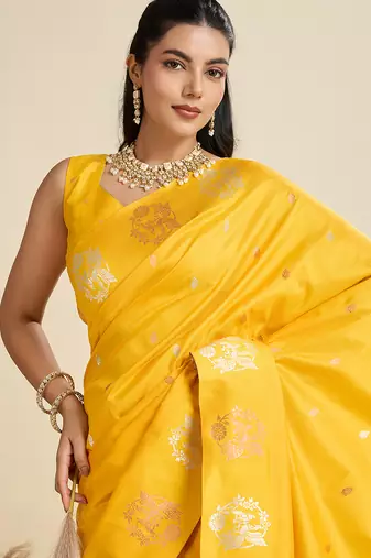 Yellow color silver & gold zari woven kanjivaram silk blend saree with blouse