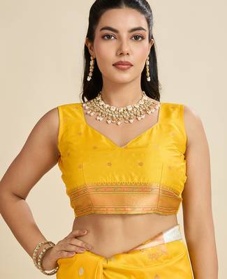 Yellow color silver & gold zari woven kanjivaram silk blend saree with blouse 4