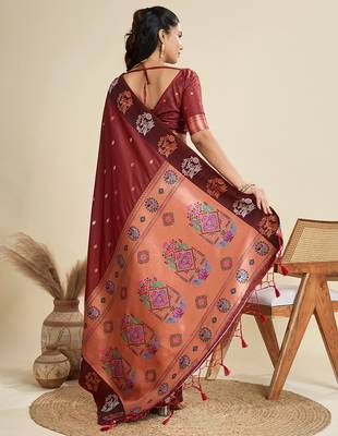 Maroon color silver & gold zari woven kanjivaram silk blend saree with blouse 2