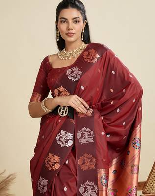 Maroon color silver & gold zari woven kanjivaram silk blend saree with blouse 4