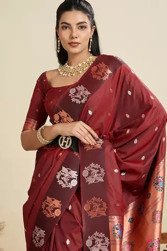 Maroon color silver & gold zari woven kanjivaram silk blend saree with blouse