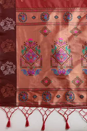 Maroon color silver & gold zari woven kanjivaram silk blend saree with blouse