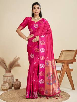 Rani color silver & gold zari woven kanjivaram silk blend saree with blouse 1