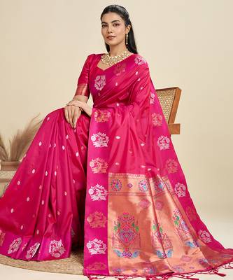 Rani color silver & gold zari woven kanjivaram silk blend saree with blouse 3