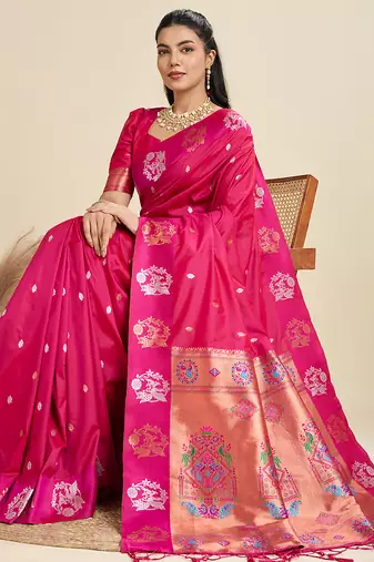 Rani color silver & gold zari woven kanjivaram silk blend saree with blouse