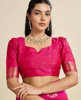 Rani color silver & gold zari woven kanjivaram silk blend saree with blouse 4