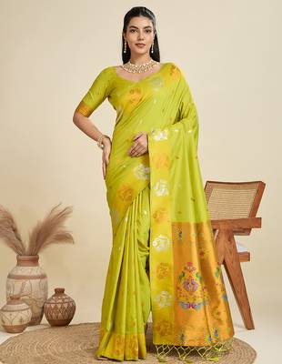 Light green color silver & gold zari woven kanjivaram silk blend saree with blouse 1