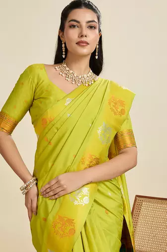 Light green color silver & gold zari woven kanjivaram silk blend saree with blouse