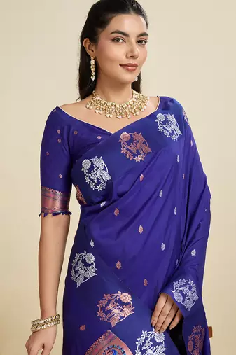 Blue color silver & gold zari woven kanjivaram silk blend saree with blouse