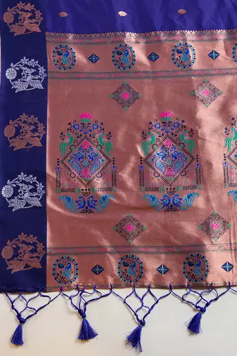 Blue color silver & gold zari woven kanjivaram silk blend saree with blouse