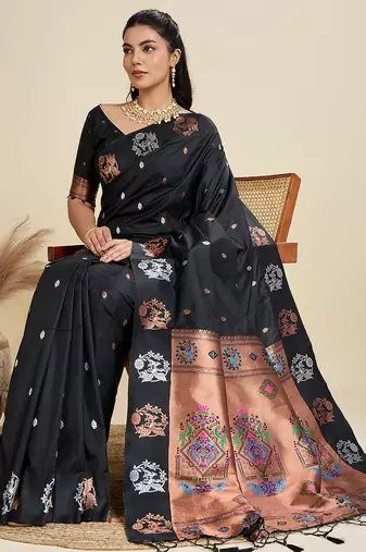 Black color silver & gold zari woven kanjivaram silk blend saree with blouse