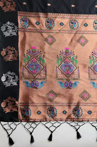 Black color silver & gold zari woven kanjivaram silk blend saree with blouse