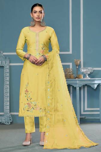 Light yellow roman cotton silk sequence dress material with dupatta