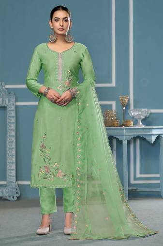 Light green roman cotton silk sequins dress material with dupatta