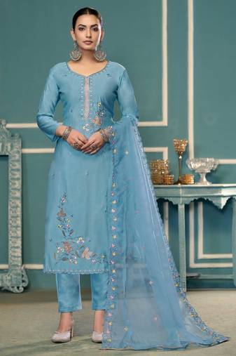 Sky blue roman cotton silk sequins dress material with dupatta