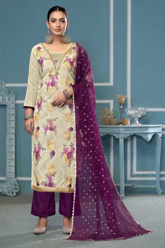 Multi viscose banarasi handwork dress material with dupatta