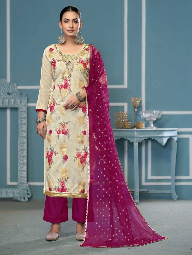 Multi viscose banarasi handwork dress material with dupatta