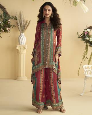crepe co-ord set with hand mirror work multicolor indian ethnic outfit for all sizes 1