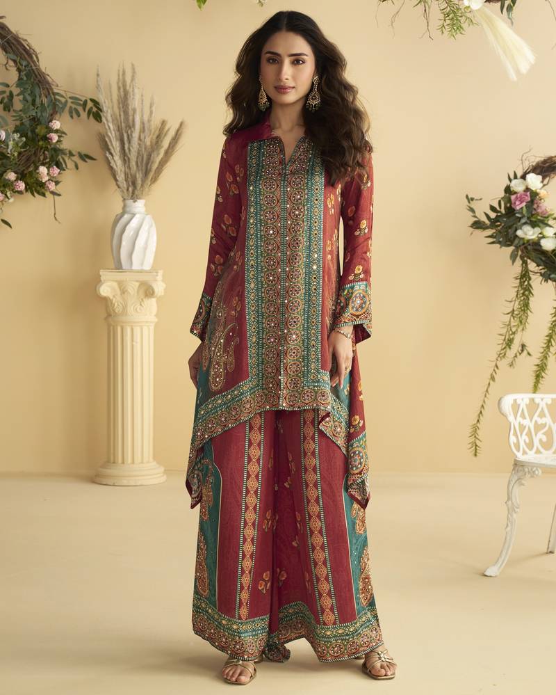 Crepe Co-ord Set with Hand Mirror Work   Multicolor Indian Ethnic Outfit for All Sizes