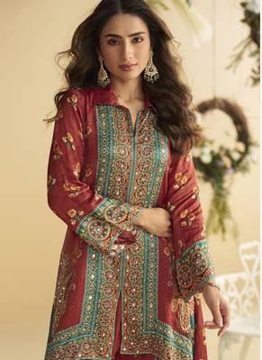 crepe co-ord set with hand mirror work multicolor indian ethnic outfit for all sizes 2