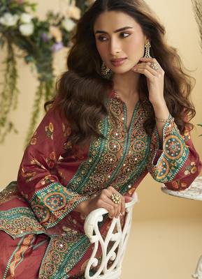 crepe co-ord set with hand mirror work multicolor indian ethnic outfit for all sizes 4