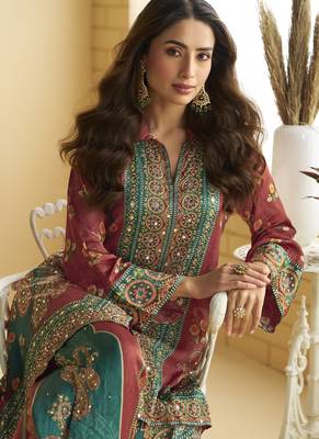 crepe co-ord set with hand mirror work multicolor indian ethnic outfit for all sizes 5