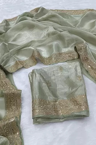 Soft Jimmychoo silk blend with Beautiful sequins embroidery Saree With Blouse Set