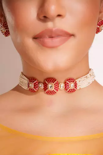 Gold plated red stone kundan choker necklace set