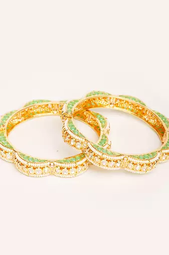 Gold plated green stone kundan bangles