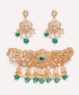 Gold plated green stone kundan choker necklace set 2