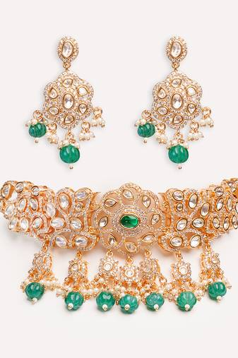 Gold plated green stone kundan choker necklace set