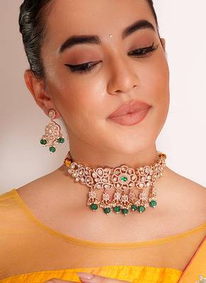Gold plated green stone kundan choker necklace set 1