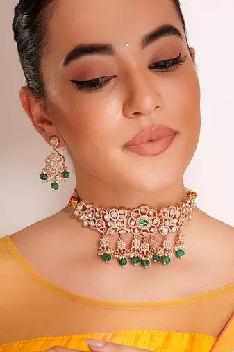 Gold plated green stone kundan choker necklace set