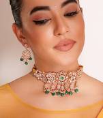 Gold plated green stone kundan choker necklace set
