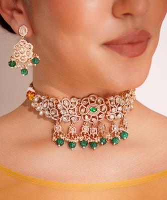 Gold plated green stone kundan choker necklace set 3
