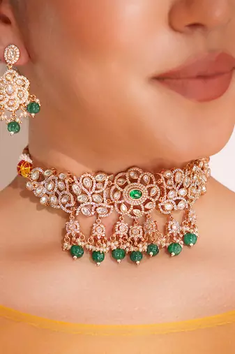 Gold plated green stone kundan choker necklace set