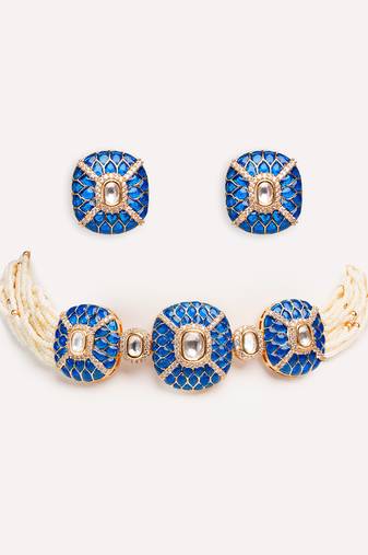Gold plated blue stone kundan necklace set