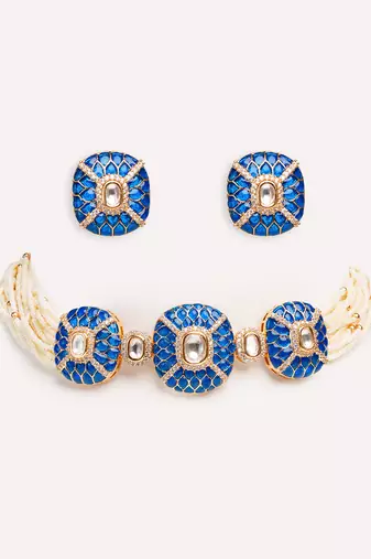 Gold plated blue stone kundan necklace set