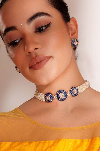 Gold plated blue stone kundan necklace set