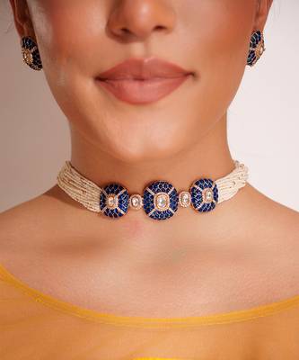 Gold plated blue stone kundan necklace set 3