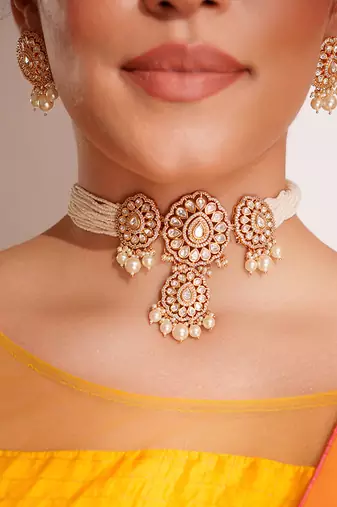 Gold plated kundan pearl necklace set