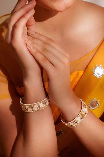 Gold plated red stone kundan bangles