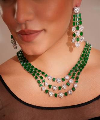 Silver plated green stone necklace set 1